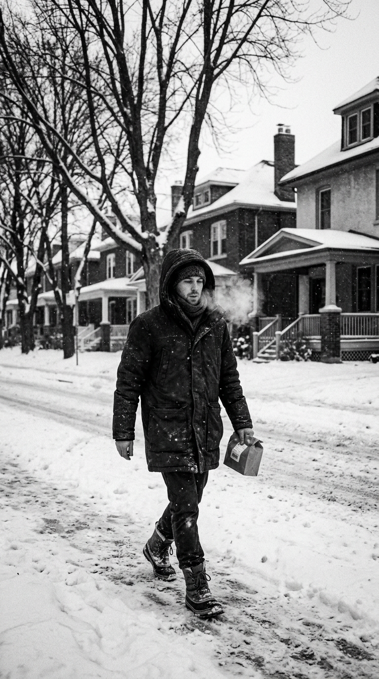 A shopper carrying a verified purchase home through the snow in Canada.