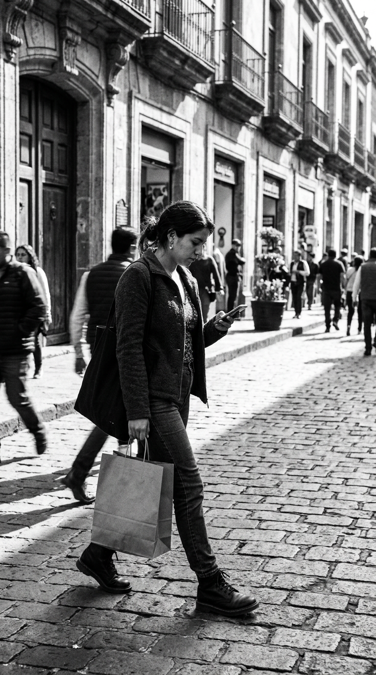 A shopper checking a verified price on her phone on a street in Mexico.